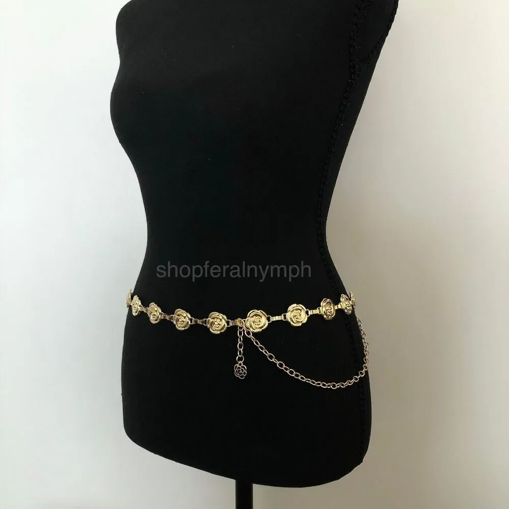 Vintage Y2K Coquette Gold Rose Chain Belt, Fits 25–44 Inches, X7GA1200